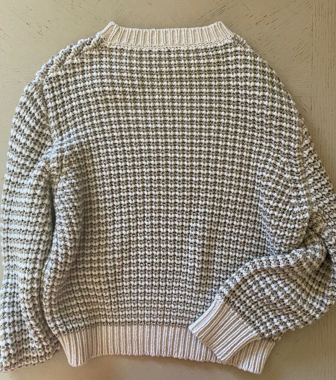 New $1995 Brunello Cucinelli Women Lurex Stripped Wool Cashmere Sweater Beige S