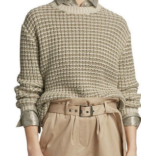 Neu $1995 Brunello Cucinelli Damen Lurex gestreifter Woll-Kaschmir-Pullover Beige XL