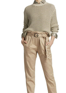 Neu $1995 Brunello Cucinelli Damen Lurex gestreifter Woll-Kaschmir-Pullover Beige XL