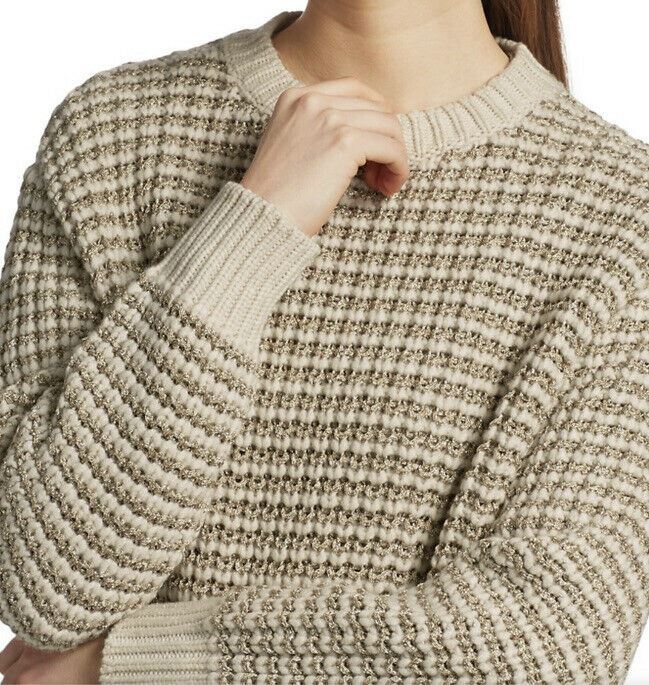 New $1995 Brunello Cucinelli Women Lurex Stripped Wool Cashmere Sweater Beige XL