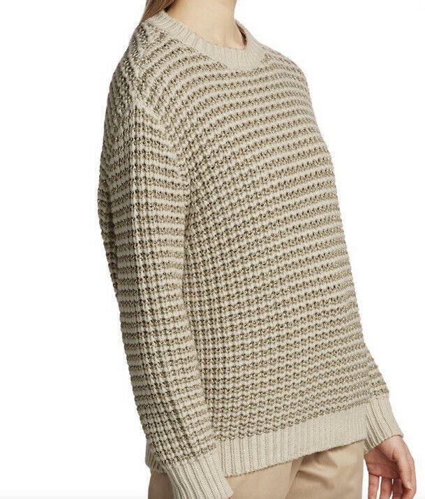 New $1995 Brunello Cucinelli Women Lurex Stripped Wool Cashmere Sweater Beige XL