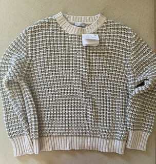 Neu $1995 Brunello Cucinelli Damen Lurex gestreifter Woll-Kaschmir-Pullover Beige XL