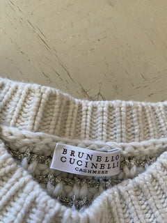 Neu $1995 Brunello Cucinelli Damen Lurex gestreifter Woll-Kaschmir-Pullover Beige XL