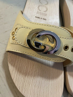 NIB Gucci Herren-Sandalen aus Leder/Holz, Weiß/Creme, 10,5 US/9,5 UK