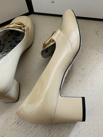 NIB $1495 Gucci Женские кожаные туфли с узором GG Vernice Crystal Shoes Бежевый 9 США/39 ЕС
