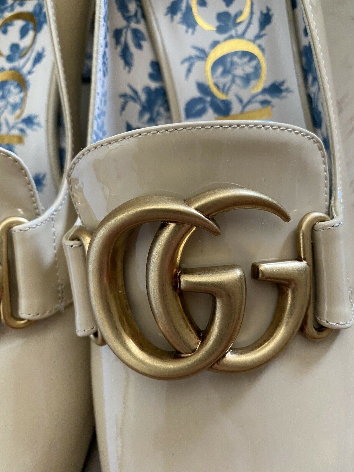 NIB $1495 Gucci Women GG Leather Vernice Crystal Shoes Beige 9 US/39 Eu