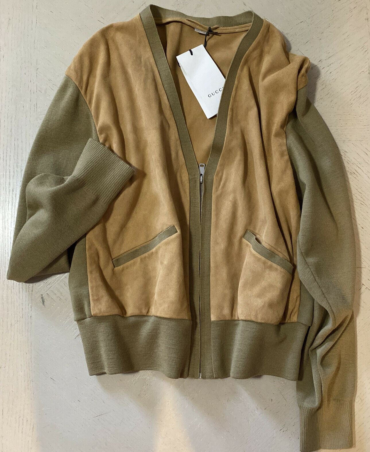 NWT $2800 Gucci Men’s Suede/Wool Cardigan Sweater Brown/Kaki M ( 48 Eu ) Italy
