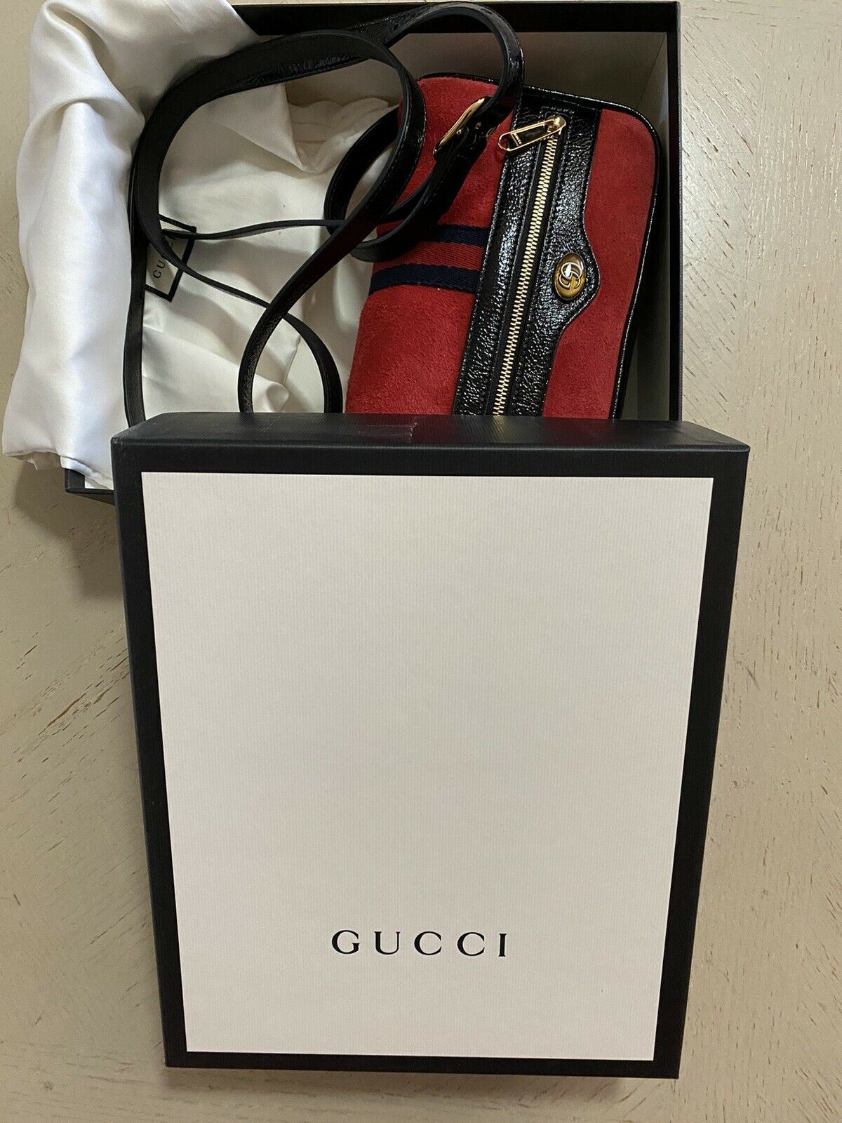New Gucci GG Monogram Leather/Suede Crossbody Shoulder Bag Red/Black 517350
