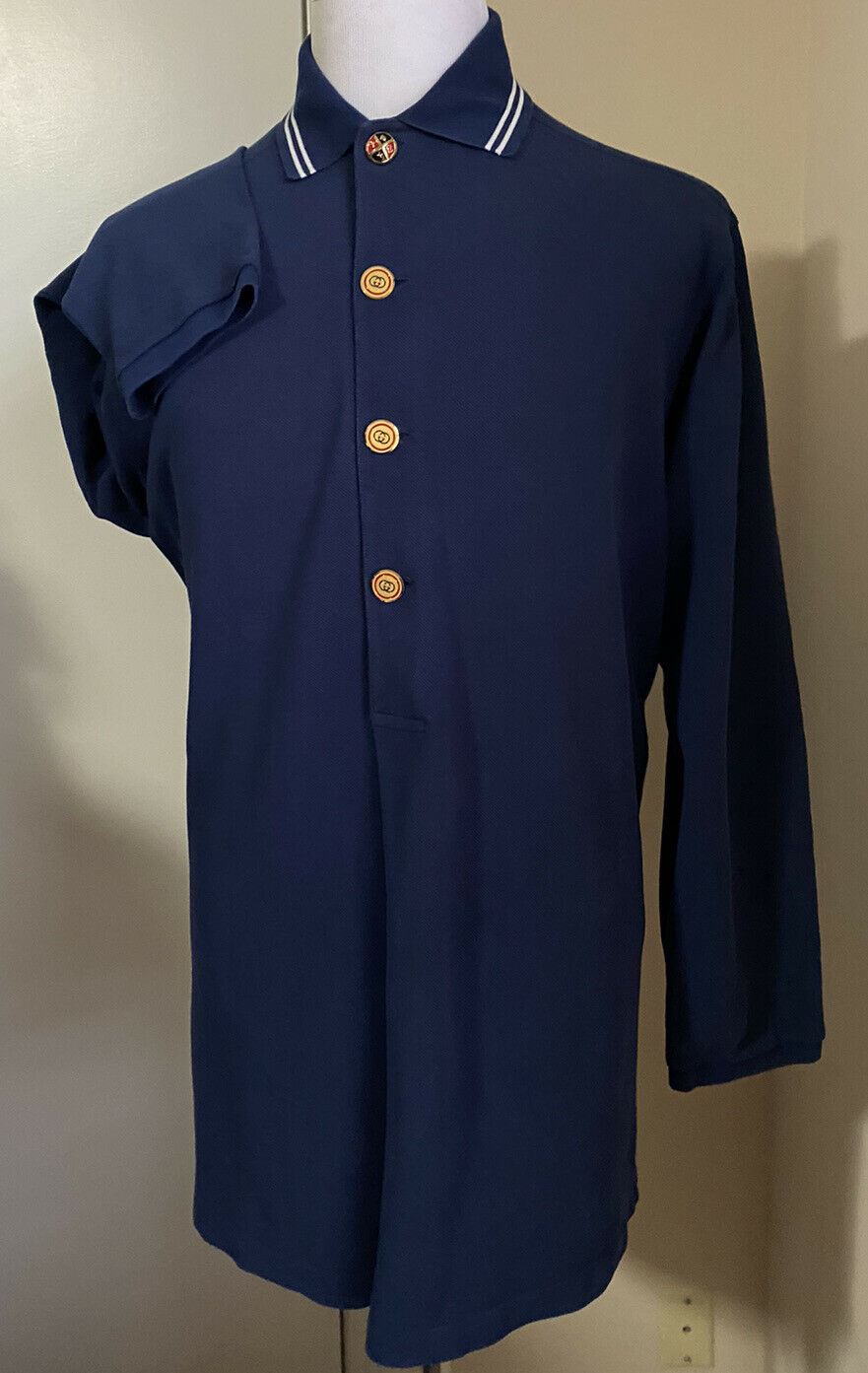 NWT Gucci Mens Long Sleeve Oversized Polo Shirt Royal Blue Size S Italy