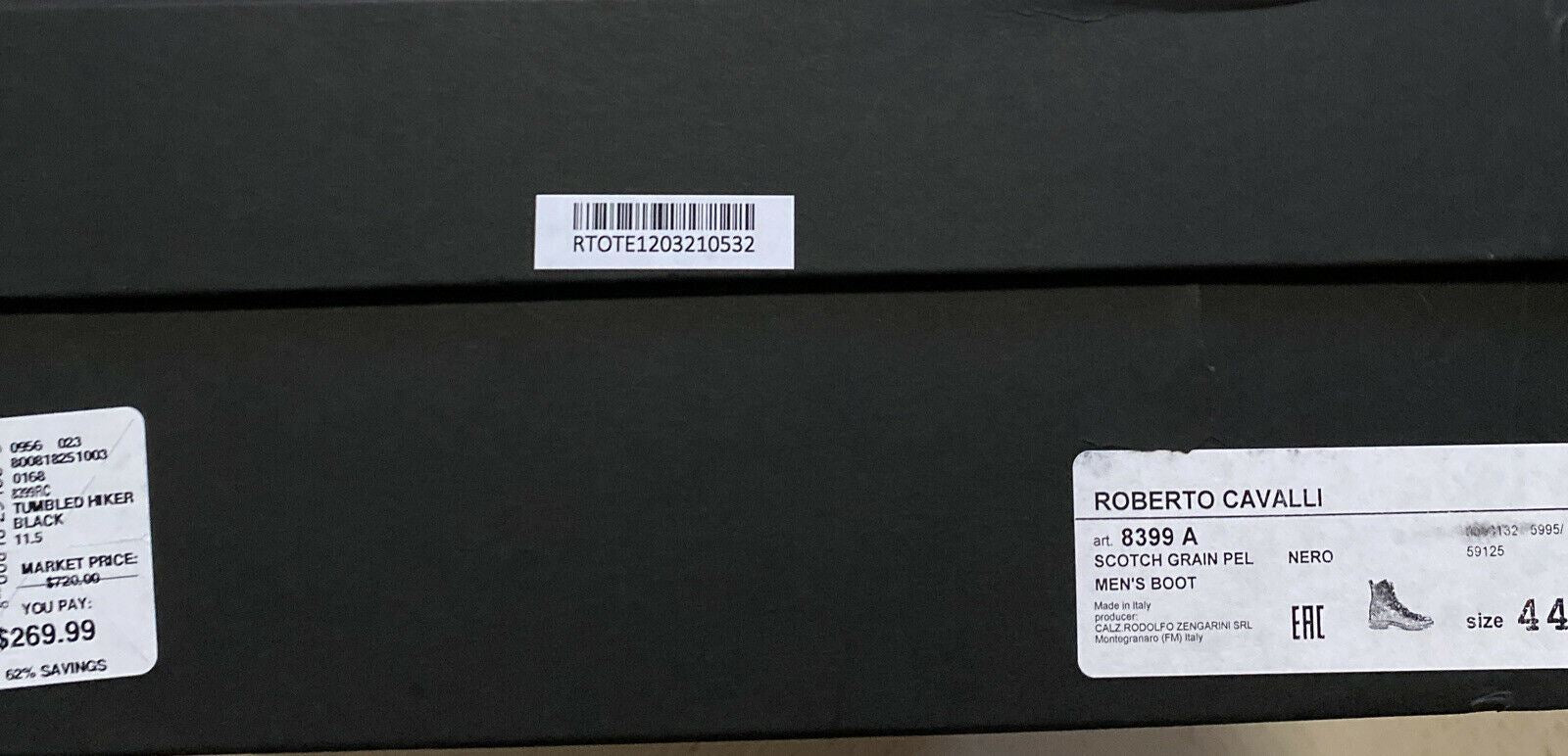 New $720 Roberto Cavalli Men’s Leather Boots Shoes Black 11.5 US/44.5 Eu Italy