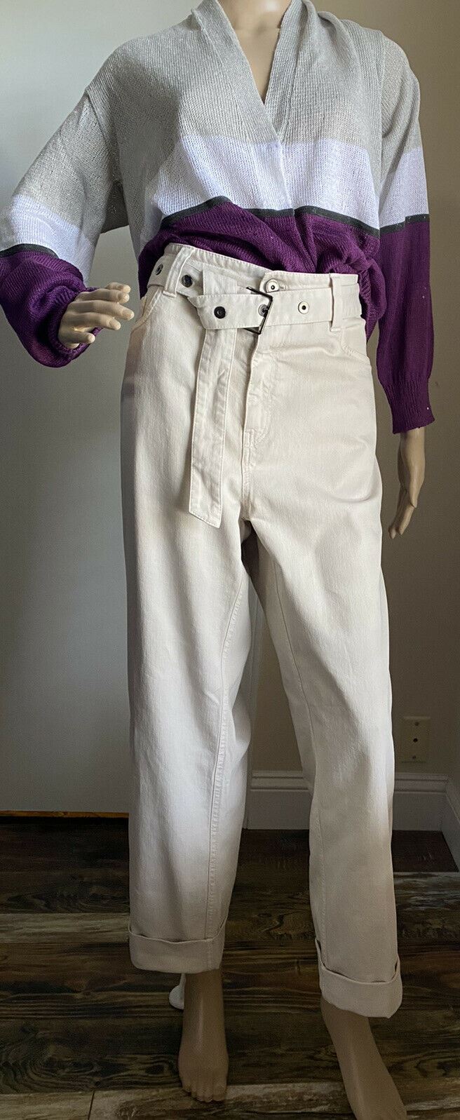 New $1595 Brunello Cucinelli Women Geometry Caffed Belted Pants Oatmeal 10 US
