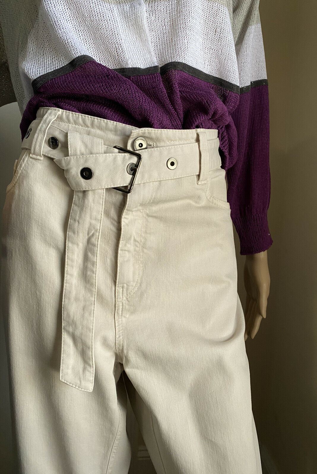 New $1595 Brunello Cucinelli Women Geometry Caffed Belted Pants Oatmeal 10 US