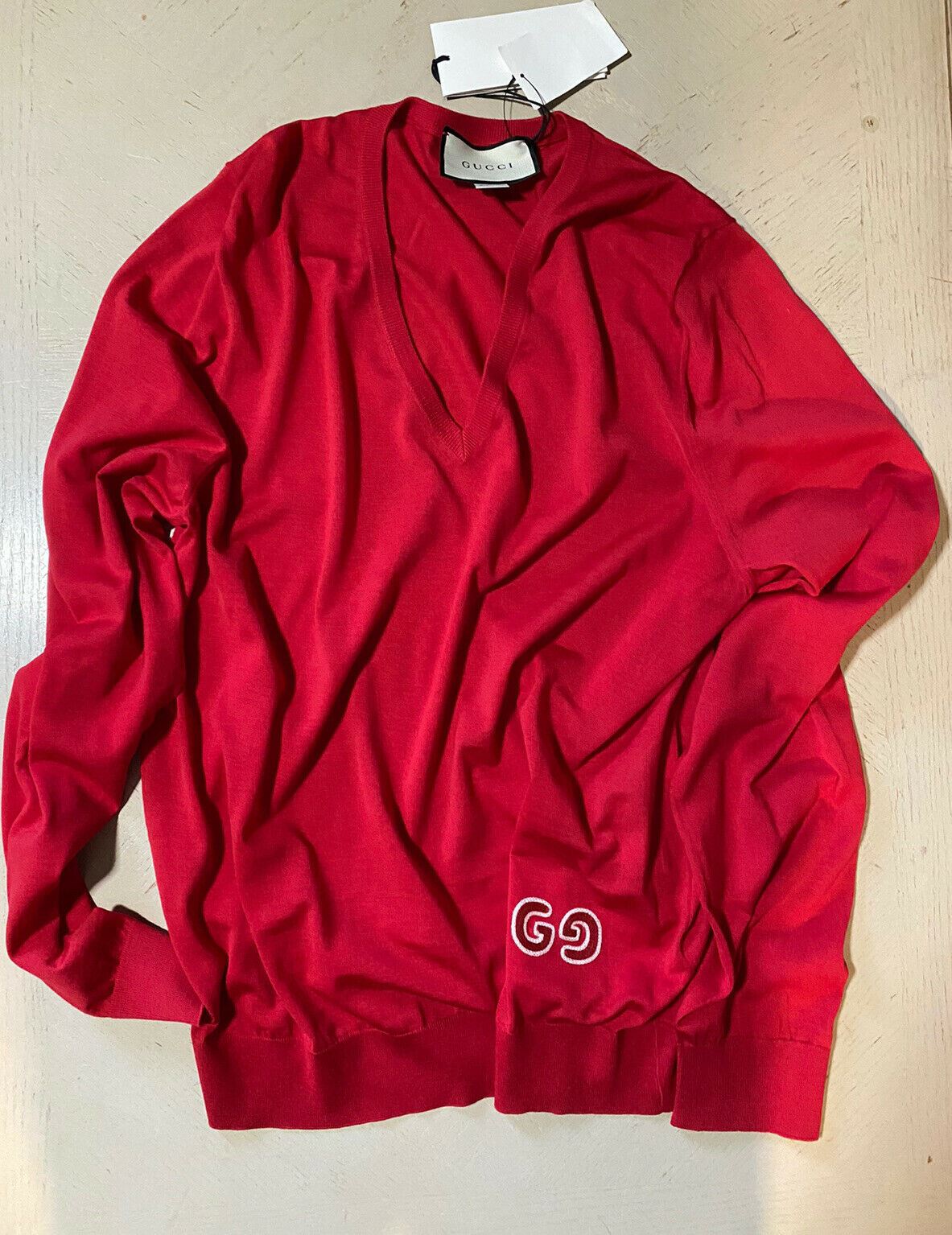 СЗТ $1200 Gucci Мужской шерстяной свитер с V-образным вырезом Красный Размер XL Италия