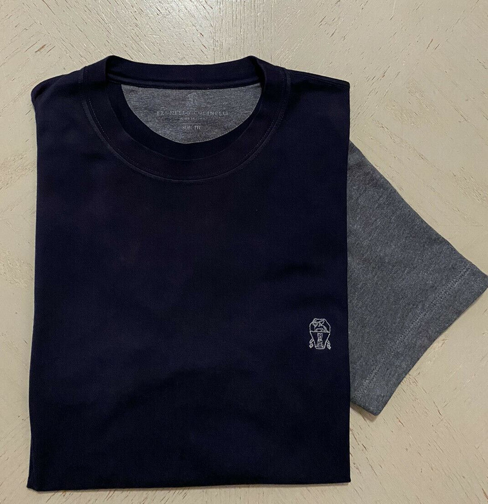 495 $ Brunello Cucinelli Herren-T-Shirt Slim Fit Marine/Grau Größe M Italien