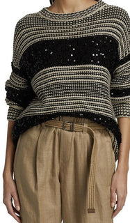 Neu $1995 Brunello Cucinelli Damen Pailette Stripe Pullover Schwarz/Grau L