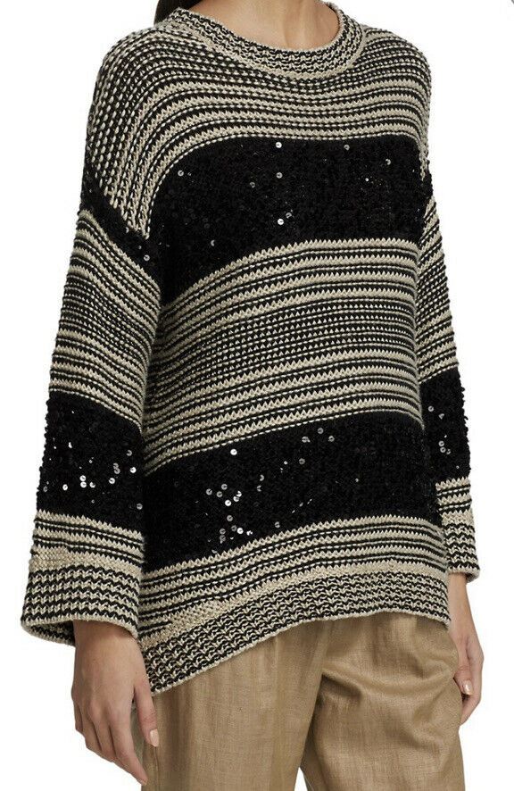 New $1995 Brunello Cucinelli Women Pailette Stripe Sweater Black/Gray L