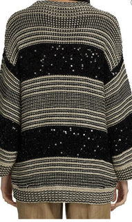 Neu $1995 Brunello Cucinelli Damen Pailette Stripe Pullover Schwarz/Grau L
