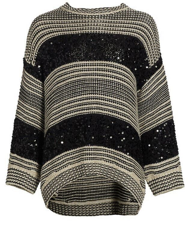 New $1995 Brunello Cucinelli Women Pailette Stripe Sweater Black/Gray L
