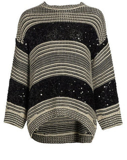 Neu $1995 Brunello Cucinelli Damen Pailette Stripe Pullover Schwarz/Grau L