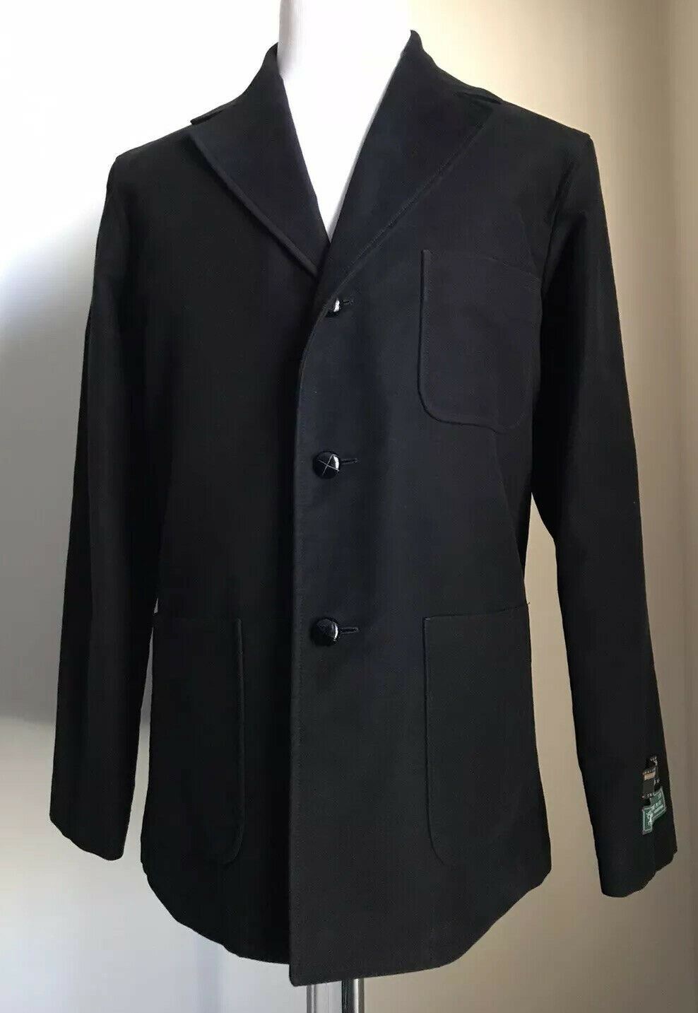 New $2400 Gucci Men Cotton Moleskin W/Leath Coat Jacket Black 36 US ( 46 Eu )