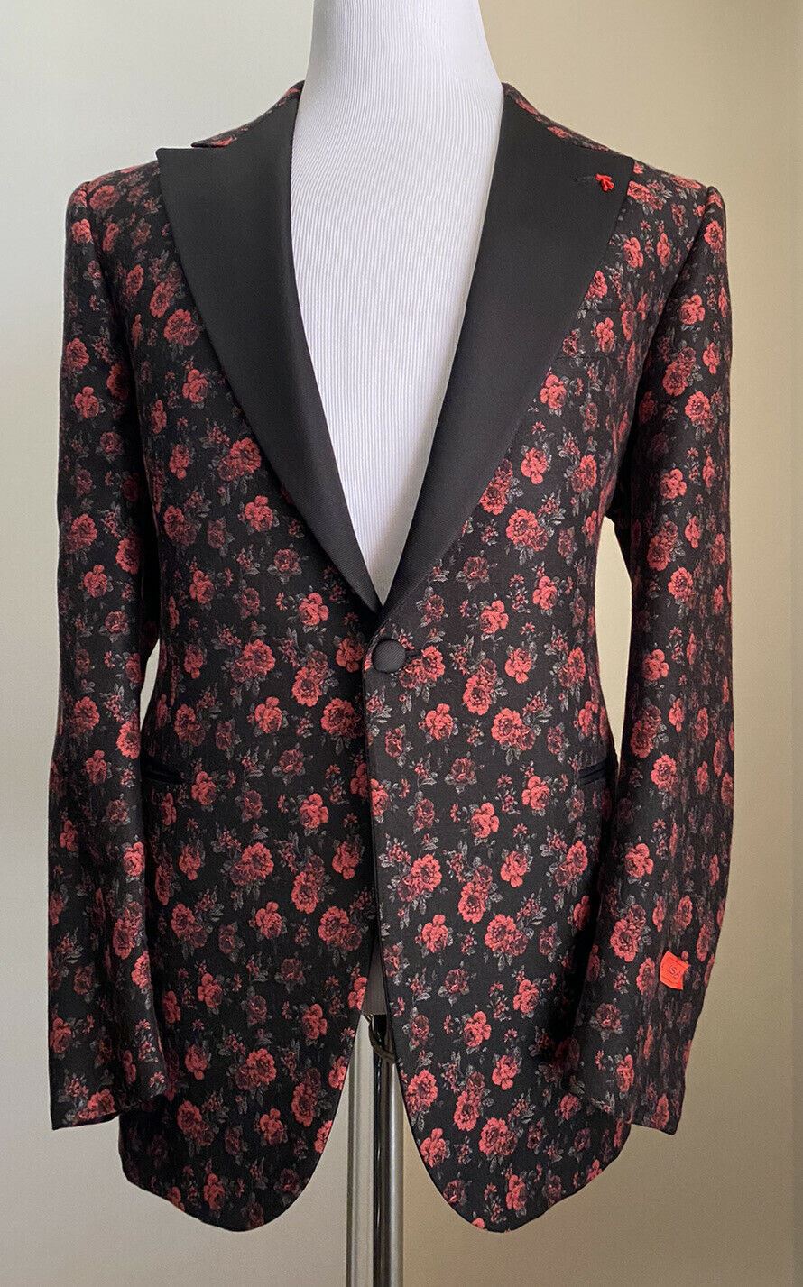 NWT $4150 Isaia Floral Jacquard Tuxedo Sport Coat Jacket Black/Red 38R US/48R Eu