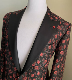Neu mit Etikett: 4.150 $ Isaia Smoking-Sportjacke mit Blumenmuster aus Jacquard, Schwarz/Rot, 38R US/48R Eu