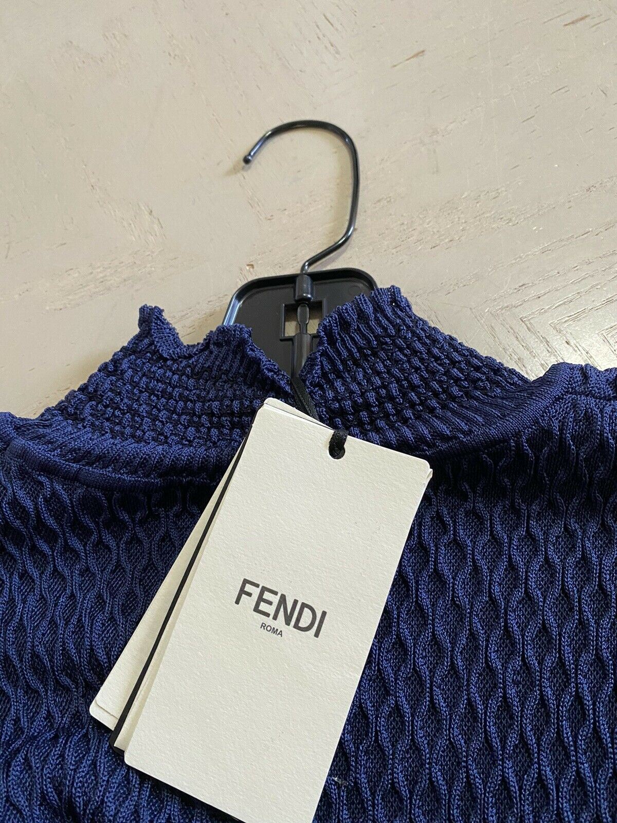 New $2390 Fendi Smocked Silk Crepe Turtleneck Dress Navy 4 US/40 It Italy