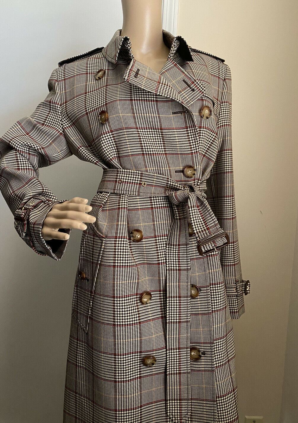 New $2750 Burberry Women Kensington Prince Of Wales Check Wool Trench Coat 10 US