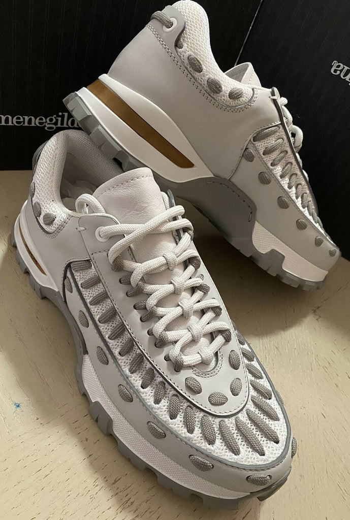 Neu $795 Ermenegildo Zegna Couture Leder-Sneakers Schuhe Weiß/Grau 8,5 US Ita