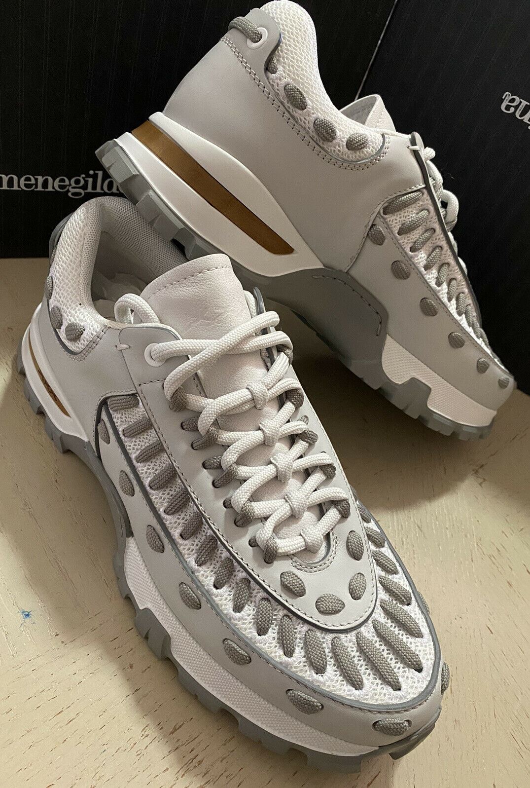 Neu $795 Ermenegildo Zegna Couture Leder-Sneakers Schuhe Weiß/Grau 9,5 US Ita