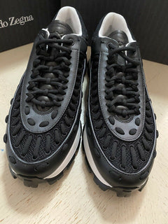 Neue 850 $ Ermenegildo Zegna Couture Leder-Sneakers Schuhe Schwarz 9,5 US Italien