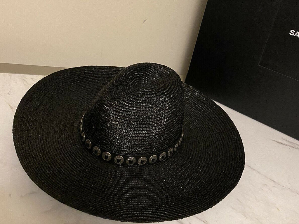Neu mit Etikett: 1095 $ Saint Laurent Herren Strohhut Schwarz/Silber L Italien
