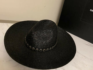 Neu mit Etikett: 1095 $ Saint Laurent Herren Strohhut Schwarz/Silber L Italien