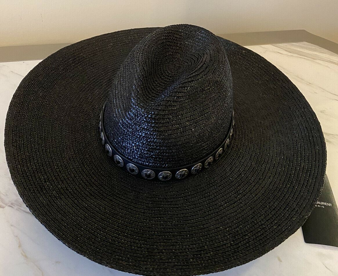 NWT $1095 Saint Laurent Men  Straw Hat Black/Silver L Italy