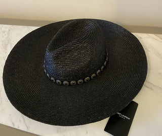 Neu mit Etikett: 1095 $ Saint Laurent Herren Strohhut Schwarz/Silber L Italien