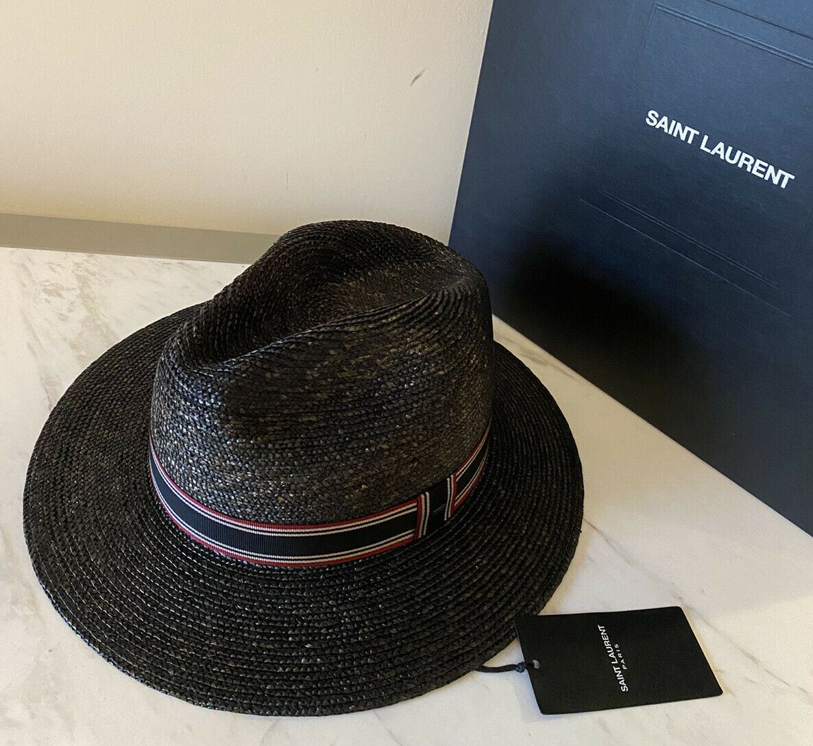 NWT $850 Saint Laurent Men’s Straw Fedora Hat Black/Silver XL Italy