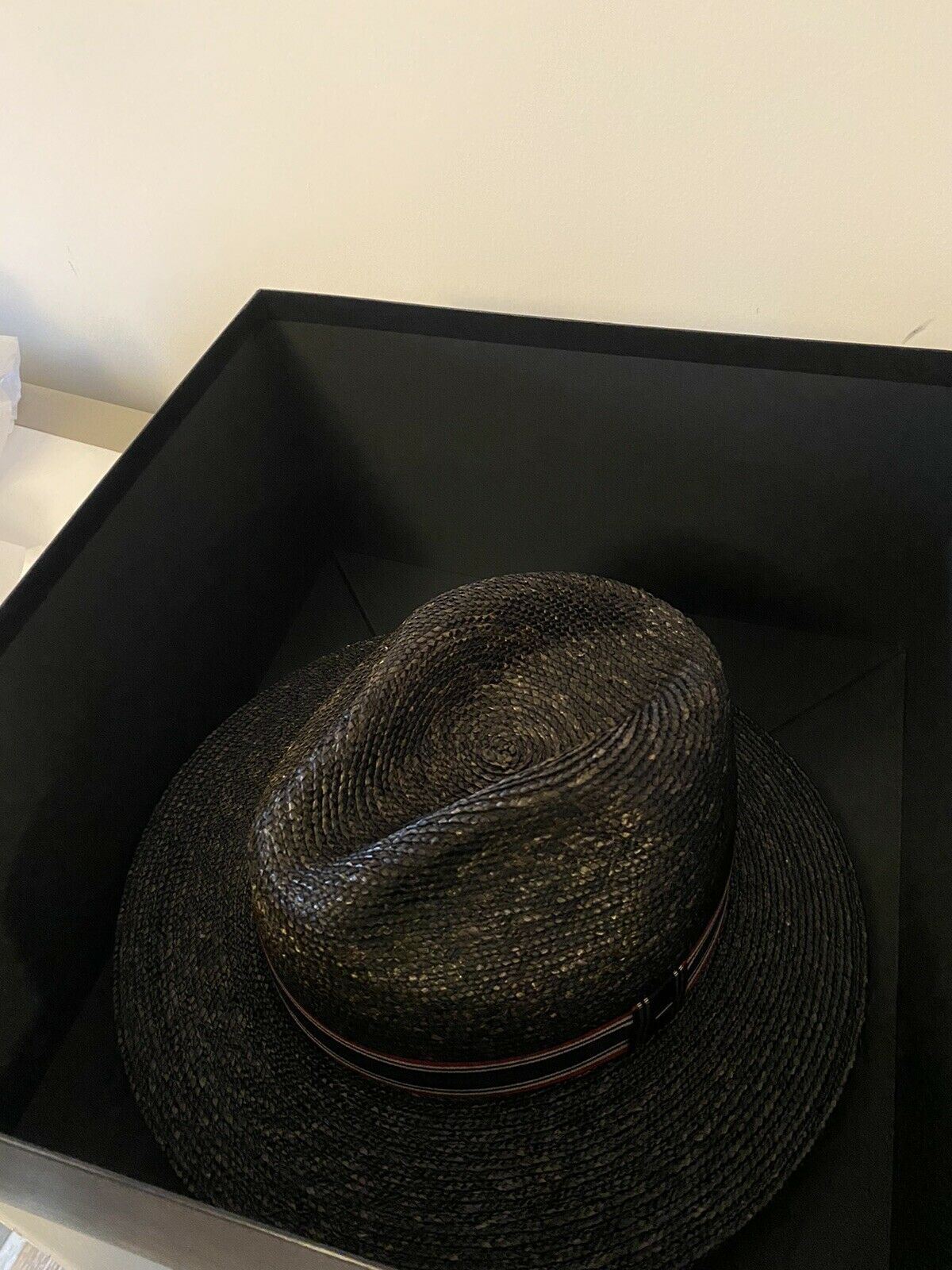 NWT $850 Saint Laurent Men’s Straw Fedora Hat Black/Silver XL Italy