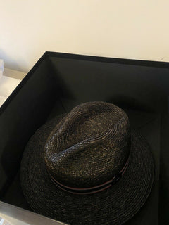 NWT $850 Saint Laurent Men’s Straw Fedora Hat Black/Silver XL Italy