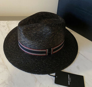 NWT $850 Saint Laurent Men’s Straw Fedora Hat Black/Silver XL Italy