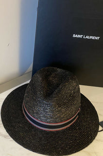 NWT $850 Saint Laurent Men’s Straw Fedora Hat Black/Silver XL Italy