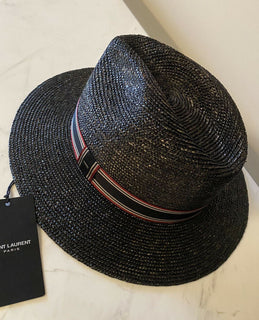 NWT $850 Saint Laurent Men’s Straw Fedora Hat Black/Silver XL Italy