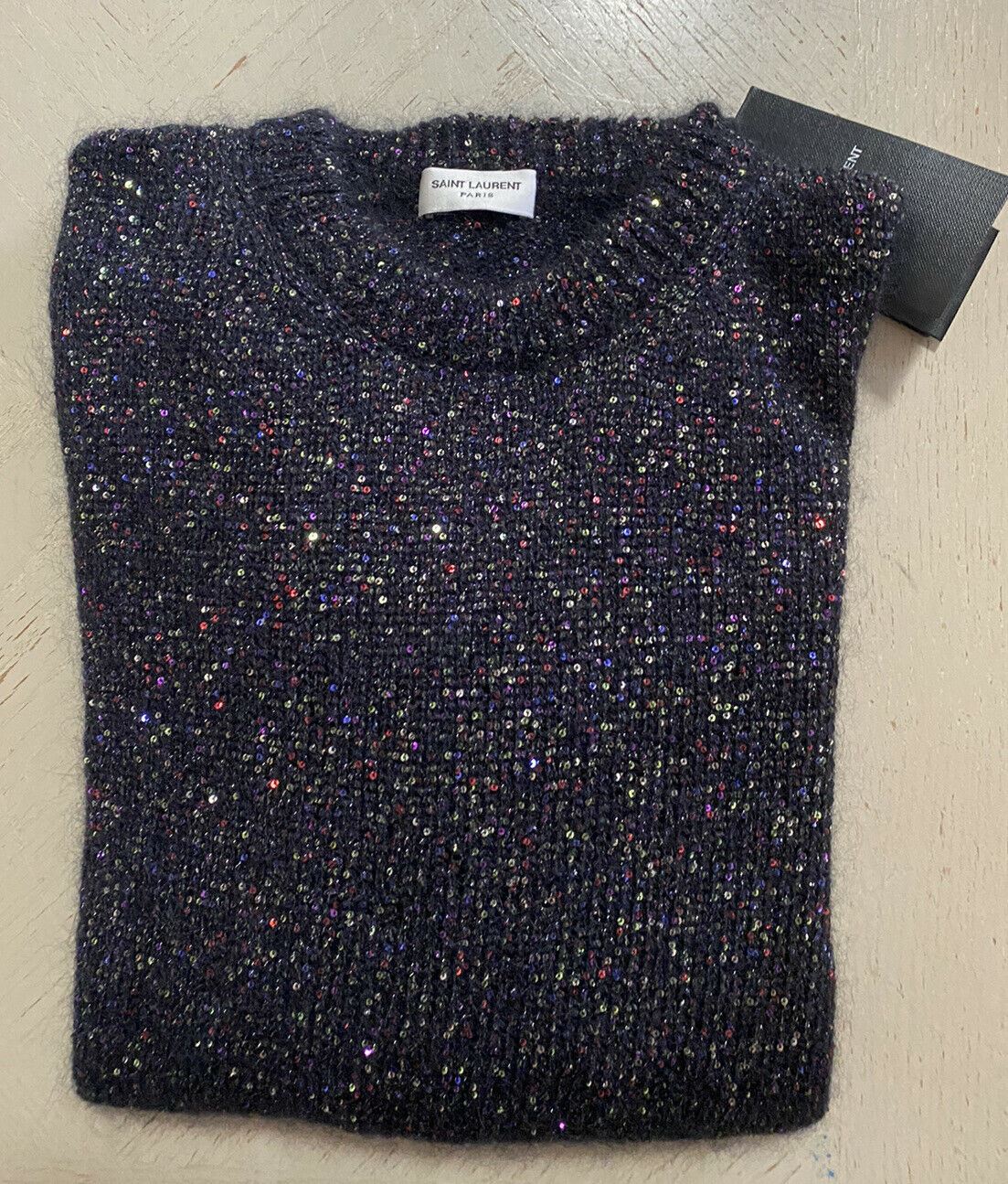 NWT $1590 Saint Laurent Мужской свитер с круглым вырезом, черный/разноцветный, размер L, Италия