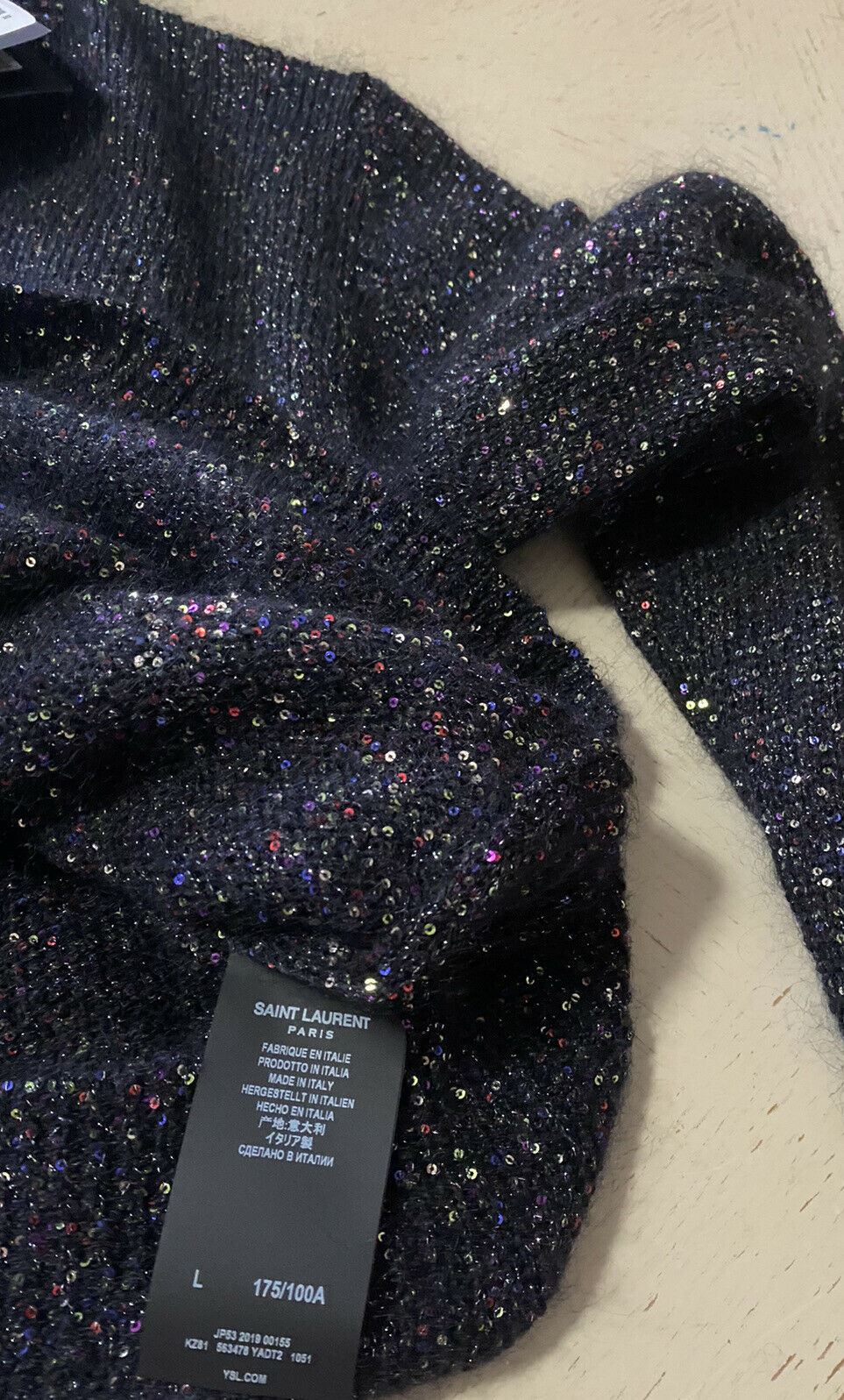 Neu mit Etikett: 1.590 $ Saint Laurent Herren-Pullover mit Rundhalsausschnitt, Schwarz/Mehrfarbig, Größe L, Italien