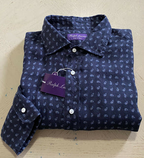 Neu mit Etikett: 595 $ Ralph Lauren Purple Label Herren-Leinenhemd Navy XL Italien