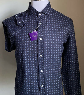 Neu mit Etikett: 595 $ Ralph Lauren Purple Label Herren-Leinenhemd Navy XL Italien