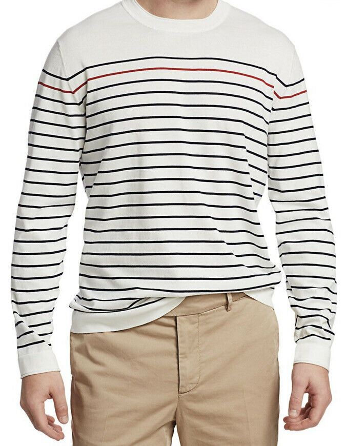 New $995 Brunello Cucinelli Men Crewneck Top Striped Sweater White M ( 50 Eu)
