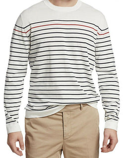 Neu $995 Brunello Cucinelli Herren-Pullover mit Rundhalsausschnitt und Streifen, Weiß, M (50 Eu)