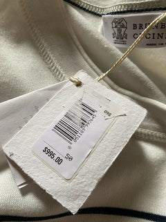 Neu $995 Brunello Cucinelli Herren-Pullover mit Rundhalsausschnitt und Streifen, Weiß, M (50 Eu)