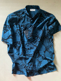 Neu mit Etikett: 990 $ Saint Laurent Herren Seidenhemd mit Sortierärmeln Blau/Schwarz L (41/16) Italien