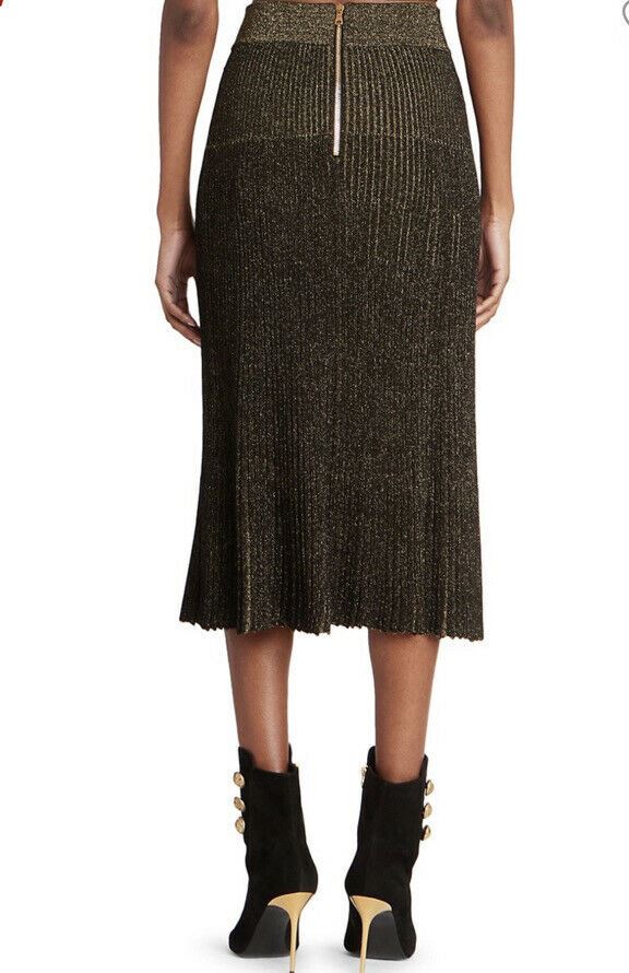 New $1895 Balmain Pleated Lurex Midi Skirt Brown 42/10